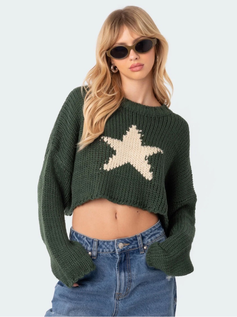 Edikted Dark Green Cropped Mega Star Knit Sweater